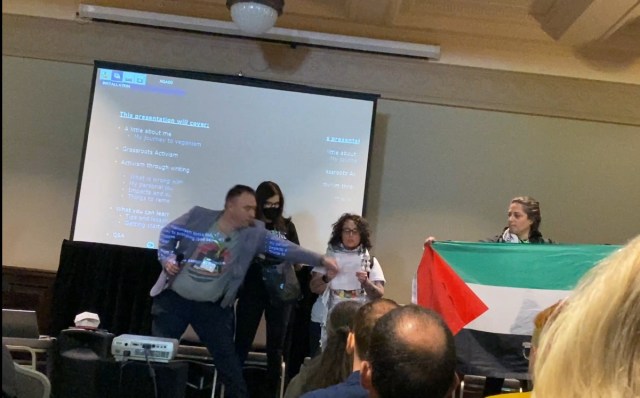 backlashblogs's tweet card. THIS IS FOR REEM – THEY ARE ALL REEM Saturday 24 February 2024 We are autonomous anarcho anti-speciesist actionists who disrupted the platforming of a zionist speaker at the Animal Rights For…