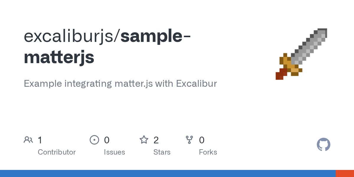 ErikOnarheim's tweet card. Example integrating matter.js with Excalibur. Contribute to excaliburjs/sample-matterjs development by creating an account on GitHub.