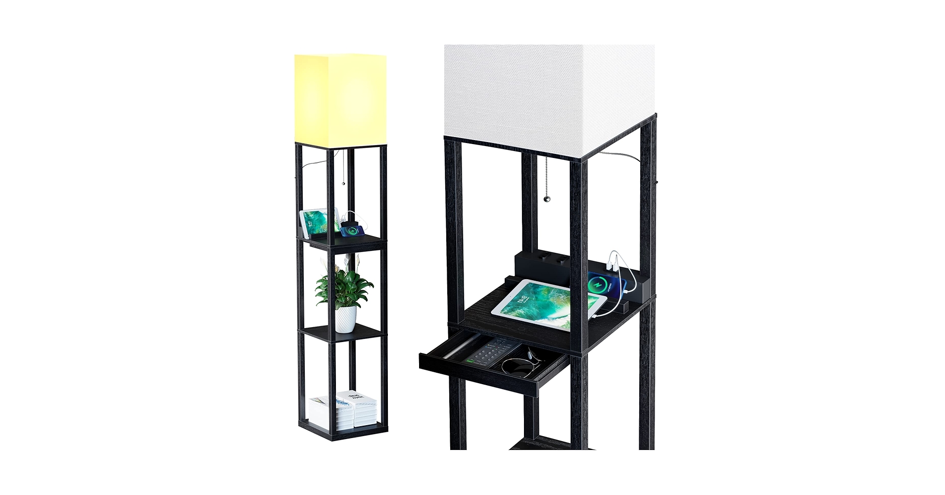 RoomPlannerd's tweet card. 【Powerful storage function & wide range of usage scenarios】SUNMORY floor lamps with 3 shelves and 1 drawer.You can put stuff like remote,keys, dolls, plants, vases or books on the shelves.And put the...
