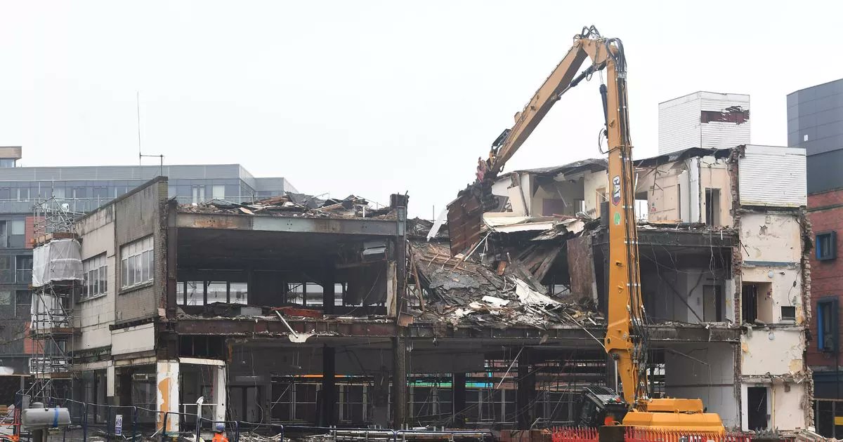 M3contracts's tweet card. Pictures show the demolition has started at Hughes House