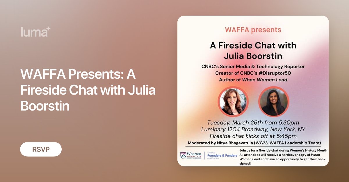 hellowaffa's tweet card. Please join WAFFA on Tuesday, March 26th at 5:30pm for an in-person fireside chat with Julia Boorstin at Luminary during Women’s History Month. We will have a…