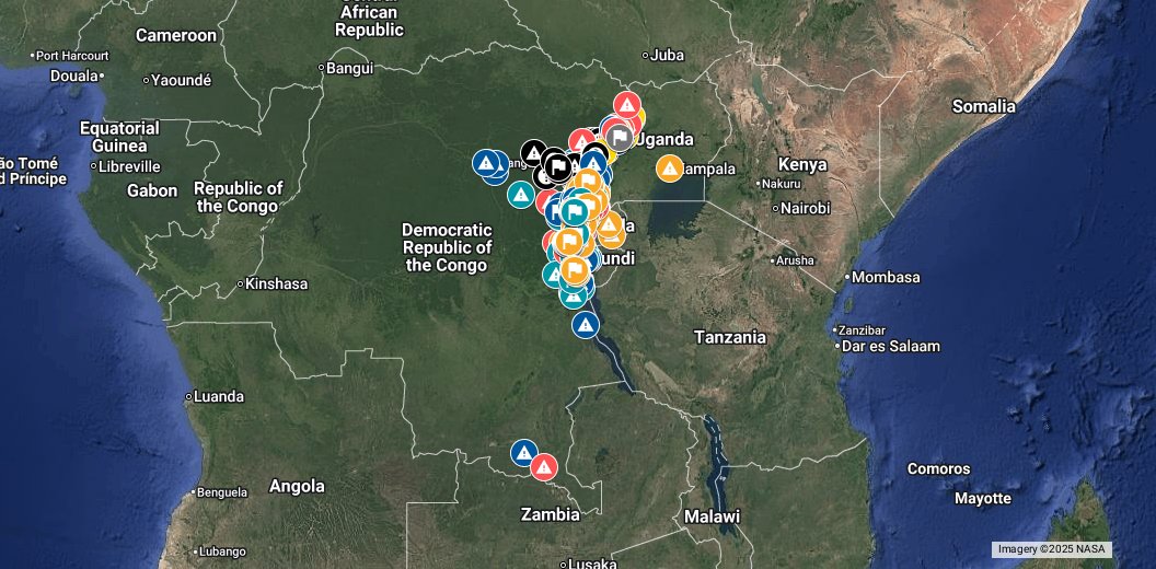 Intelynx's tweet card. Map of the Kivu Conflict with reports of captured territory, clashes. Focused on the M23, other groups only rarely reported. Territory is estimated, not completely accurate in all parts. Maintained...