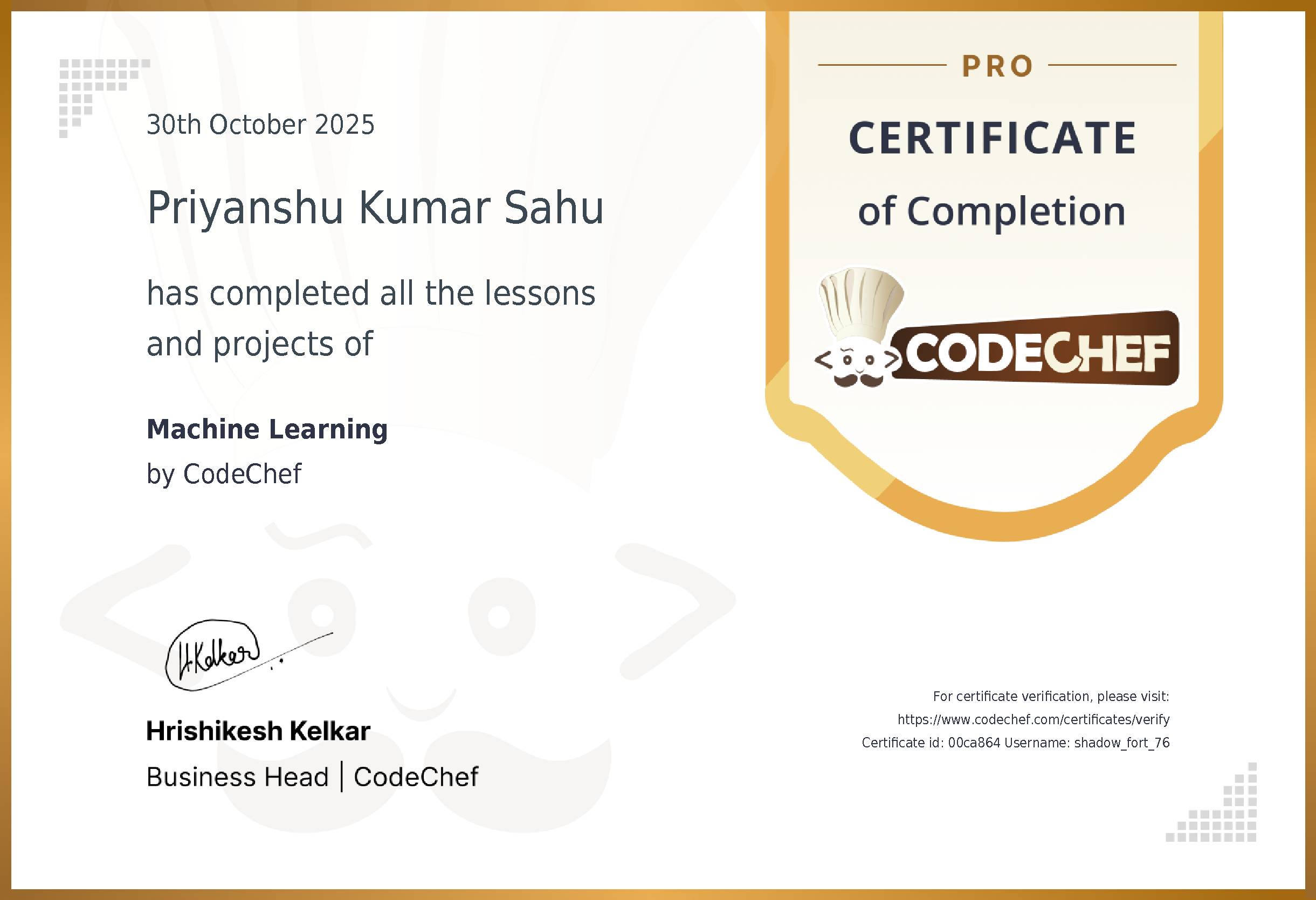 kumarsahup07's tweet card. Certificate for completing all the lessons and practice projects in Machine Learning