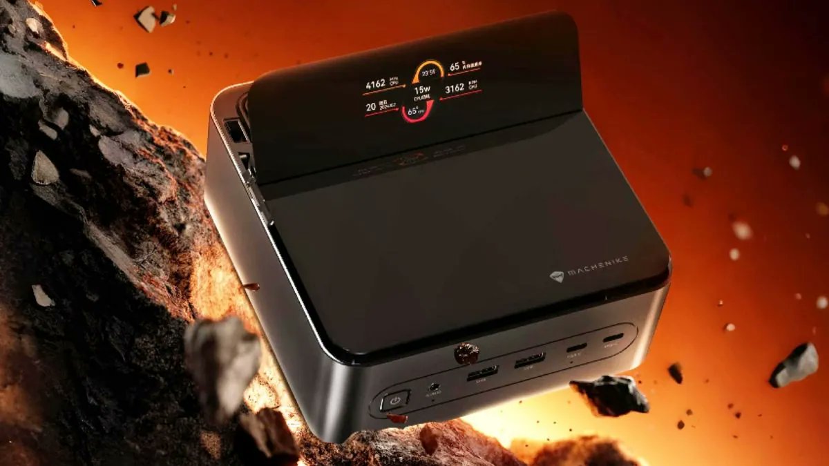 PcVenus's tweet card. Machenike has unveiled the GTS Mini PC powered by Intel Core Ultra 9 285H, featuring a foldable smart display, 64GB RAM, and AI acceleration.