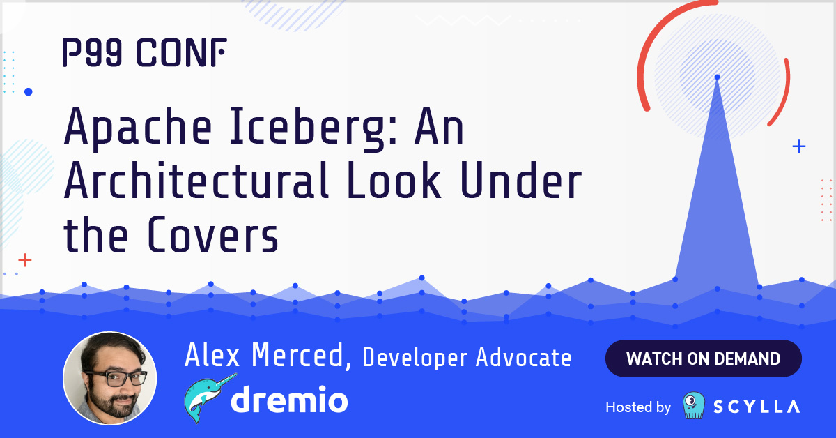 P99CONF's tweet card. Alex Merced, Developer Advocate at Dremio, describes the open data lakehouse architecture and performance-oriented capabilities of Apache Iceberg.