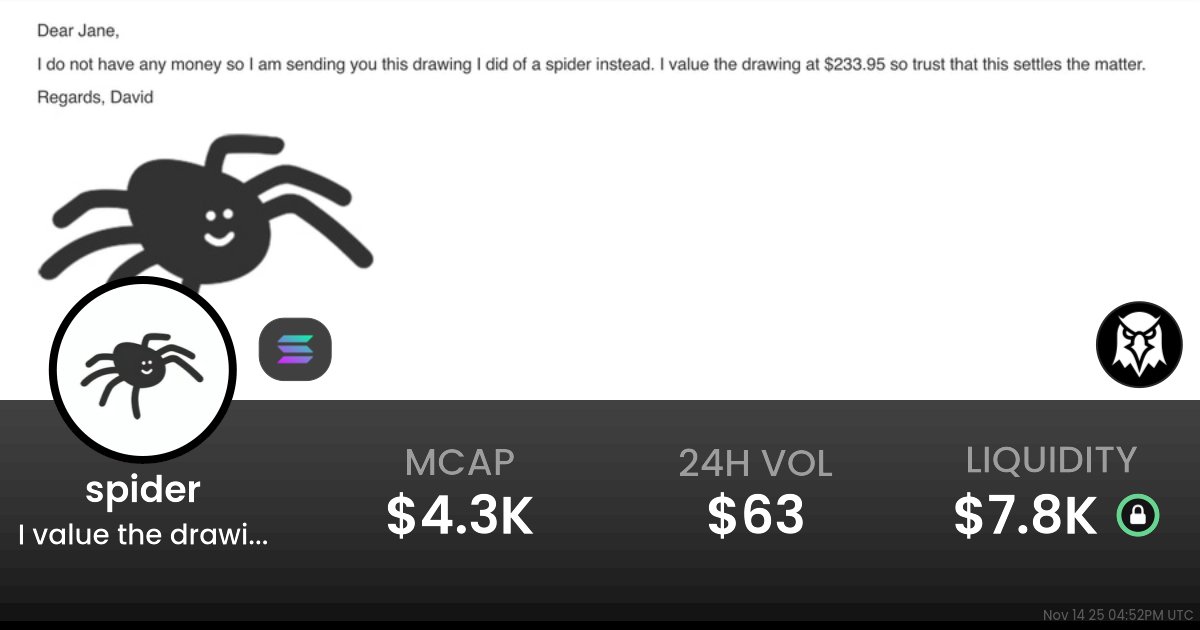 LeftClickSaveMe's tweet card. $0.000004344 I value the drawing at $233.95 (spider) realtime price charts, trading history and info - spider / SOL on Solana / PumpSwap