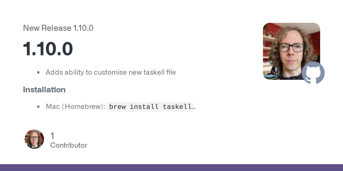 taskellcli's tweet card. Adds ability to customise new taskell file Installation Mac (Homebrew): brew install taskell Mac/Linux: download binary and place it in a directory in your $PATH (e.g. /usr/local/bin) Debian (inc...