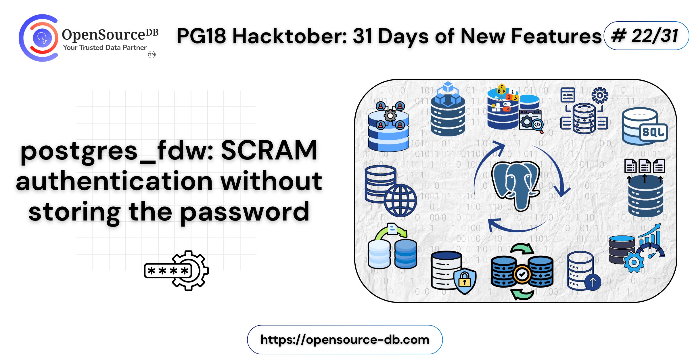opensource_db's tweet card. In today’s post of the PG18 Hacktober segment!, we’re going to discuss the  postgres_fdw SCRAM authentication pass throughout. Introduction : […]