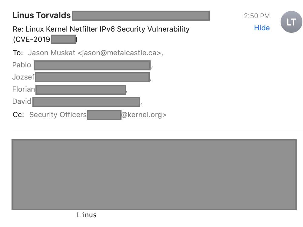 MetalCastleInc's tweet card. I was surprised to get an email from the top person in the #Linux #Kernel, #Linus #Torvalds himself. Mr. Torvalds and several top #Netfilter people are looking into the challenge I reported earlier.