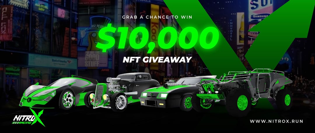 NitroxRun's tweet card. Hello NITROXERS, We are gearing up things with an NFT Giveaway worth $10,000 for all of you. Giveaway winners will be able to win NFT car that they can play to race in Nitrox Racing and earn 🏁