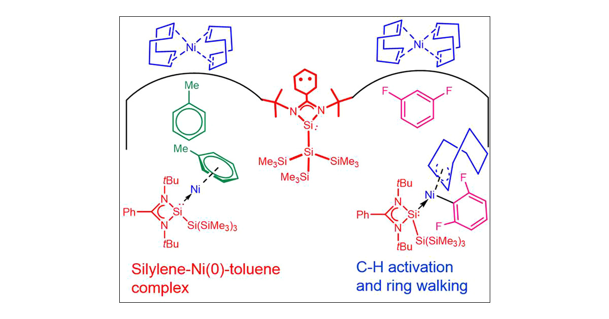 V_S_Ajithkumar's tweet card. The reaction of Ni(COD)2 with [PhC(NtBu)2SiSi(SiMe3)3] (1) in toluene results in the formation of an 18-electron silylene-Ni(0) toluene complex (2). The analogous reaction with 1,3-DFB instead of...