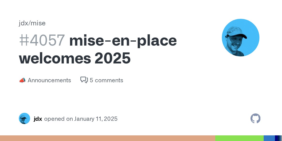 jdxcode's tweet card. 2024 was a big year for mise. Approximately 1 year ago mise was renamed from rtx and the scope was expanded from being a simple polyglot version manager to being "the front-end to your develop...