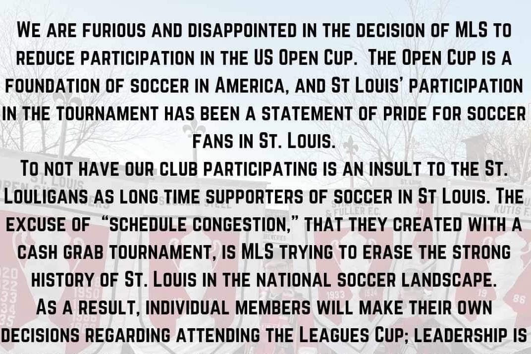 STLSoccerNews's tweet card. Some of Major League Soccer's most fervent fans are boycotting 2024 Leagues Cup matches — we look at who they are, and why they're angry.