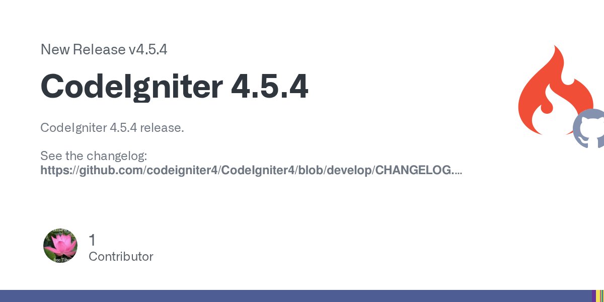CodeIgniterPhp's tweet card. CodeIgniter 4.5.4 release. See the changelog: https://github.com/codeigniter4/CodeIgniter4/blob/develop/CHANGELOG.md Full Changelog: v4.5.3...v4.5.4