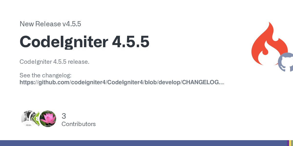 CodeIgniterPhp's tweet card. CodeIgniter 4.5.5 release. See the changelog: https://github.com/codeigniter4/CodeIgniter4/blob/develop/CHANGELOG.md New Contributors @warcooft made their first contribution in #9115 @eightrix mad...