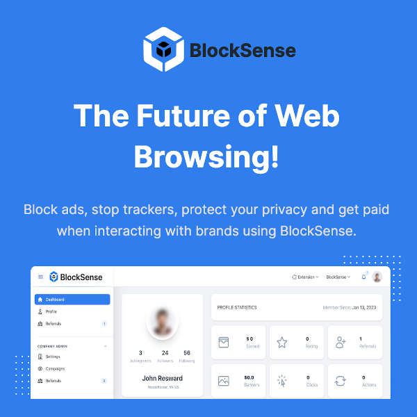 BlockSenseToken's tweet card. Block ads, stop trackers, protect your privacy and get paid when interacting with brands using BlockSense.