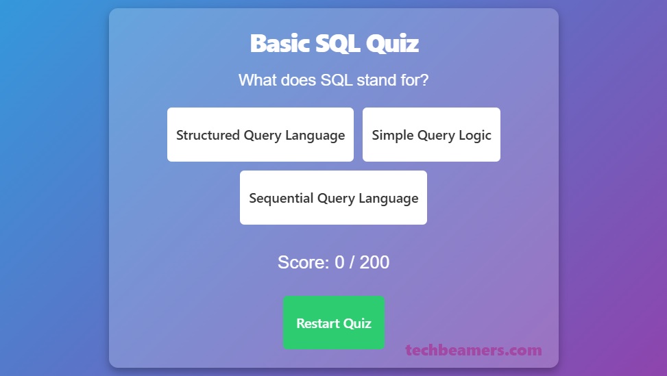 TechBeamers's tweet card. Discover the essentials of SQL with our SQL Quiz Online Test. This interactive quiz covers key SQL query concepts such as writing basic SELECT queries, filtering data with WHERE…