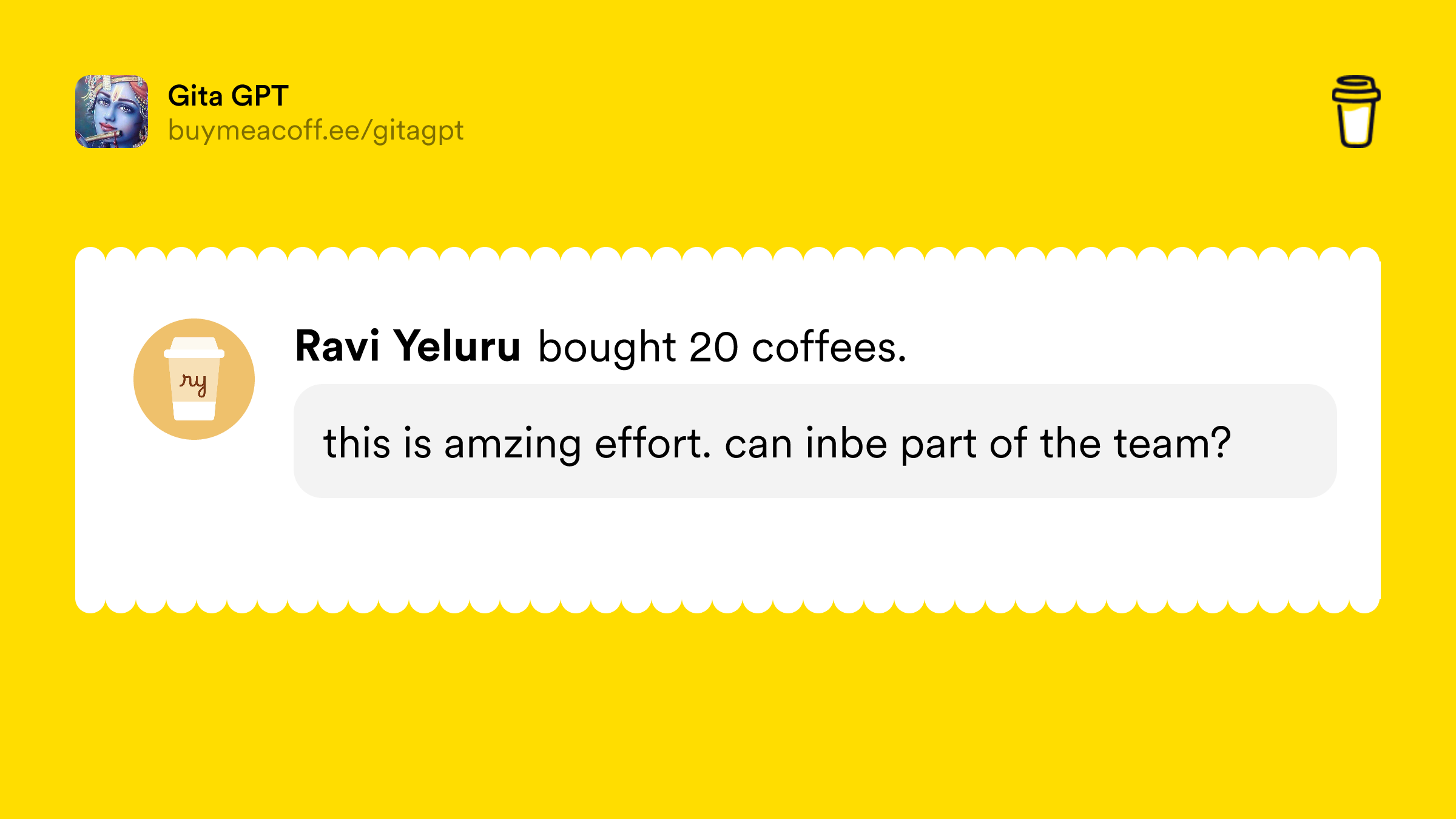 gitagpt's tweet card. Hey 👋 We are the developers for GitaGPT. The money you donate will help keep our servers running.If you have any feedback please send it our way at admin@gitagpt.org.Thank you!