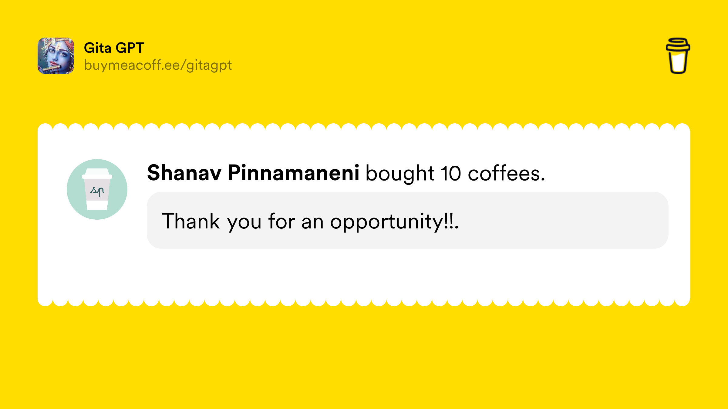 gitagpt's tweet card. Hey 👋 We are the developers for GitaGPT. The money you donate will help keep our servers running.If you have any feedback please send it our way at admin@gitagpt.org.Thank you!