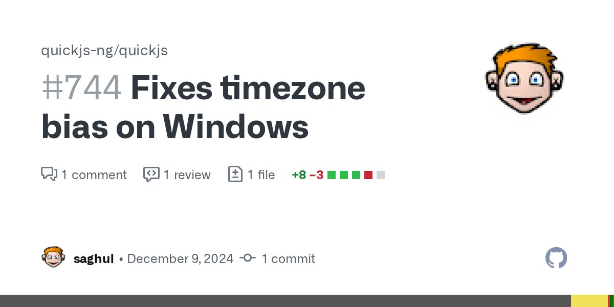 saghul's tweet card. GetTimeZoneInformationreturns the bias in minutes already, so no need to adjust it. Also handle the return code since it determines if the time zone is in the daylight saving range. Ref: https://le...