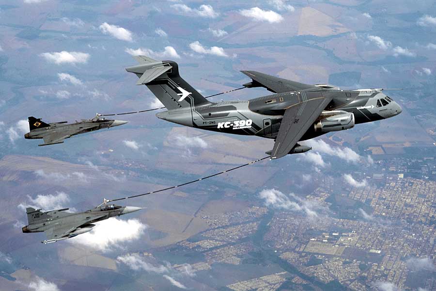 JointForcesNews's tweet card. Saab and Embraer have successfully completed in-flight refuelling certification of the F-39 E Gripen fighter by the KC-390 Millennium.