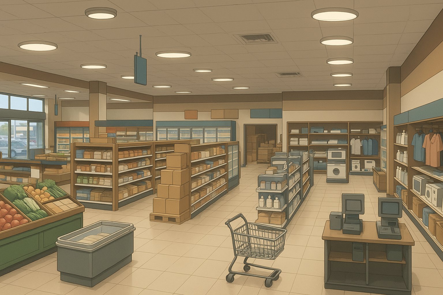 BlogRasu114's tweet card. 総合品ぞろえスーパー（GMS）の特徴と運営特性を、販売士2級の試験対策として分かりやすく紹介する記事です。食品・衣料・日用品から家電まで幅広いフルラインの商品展開によるワンストップショッピング、効率的な本部集中型運営と物流センター活用、低価格・大量販売戦略、さらにネットスーパーの普及やショッピングセンター化など最新動向も解説しており、販売士を目指す方や小売業を学ぶ方に最適です。