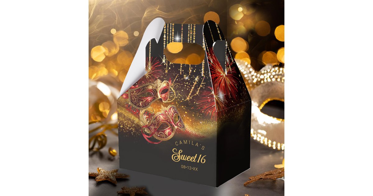 ArrayStores's tweet card. Make your event unforgettable with this exquisite favor box design. Immerse yourself in the enchanting world of Masquerade with our mask and glitter design, curated in a stunning red and gold color...