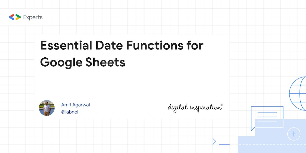 labnol's tweet card. Master all the important date functions for Google Sheets with working formula examples. Whether you are looking to calculate the number of working days before the project is due or days until your...