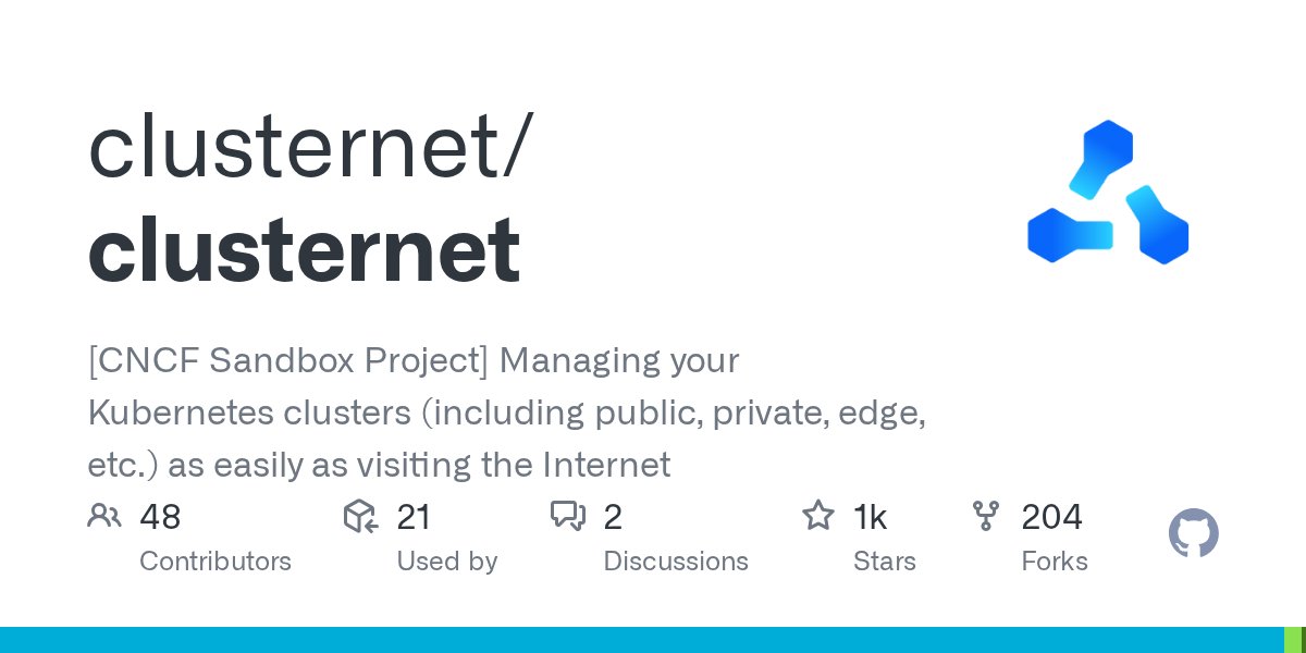 TrendingGolang's tweet card. [CNCF Sandbox Project] Managing your Kubernetes clusters (including public, private, edge, etc.) as easily as visiting the Internet - clusternet/clusternet