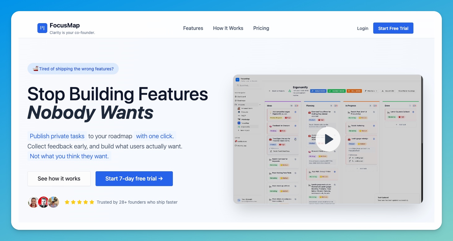 TimoBuilds_'s tweet card. Publish selected tasks get real feedback and focus your energy on what actually grows your product. 12+ founders collect feedback early.