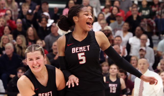 Naperville_Sun's tweet card. Brooklynne Brass records nine kills and nine service points as Benet sweeps St. Charles North.
