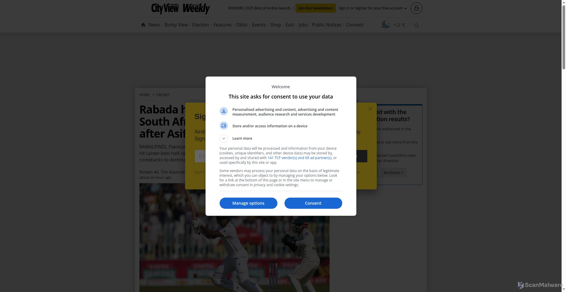 scanmalware's tweet card. ⚠️ High Risk - https://www.airdriecityview.com/cricket/rabada-hits-first-test-50-to-lead-south-africas-comeback-vs-pakistan-after-asif-afridis-record-day-11380325