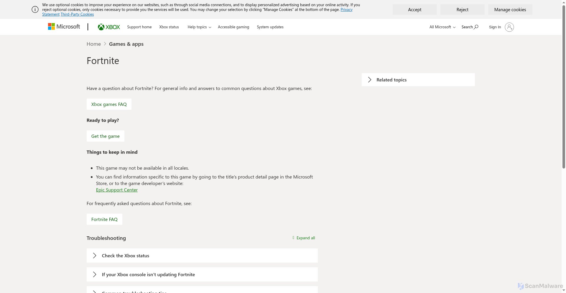 scanmalware's tweet card. ⚠️ High Risk - https://support.xbox.com/en-US/help/games-apps/game-titles/fortnite-info