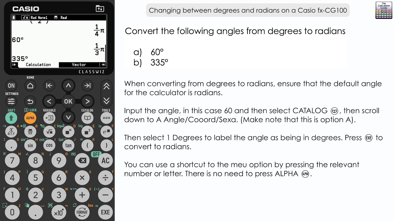 GuideCalculator's tweet card. Changing Between Degrees And Radians On A Casio fx-CG100 Classwiz...