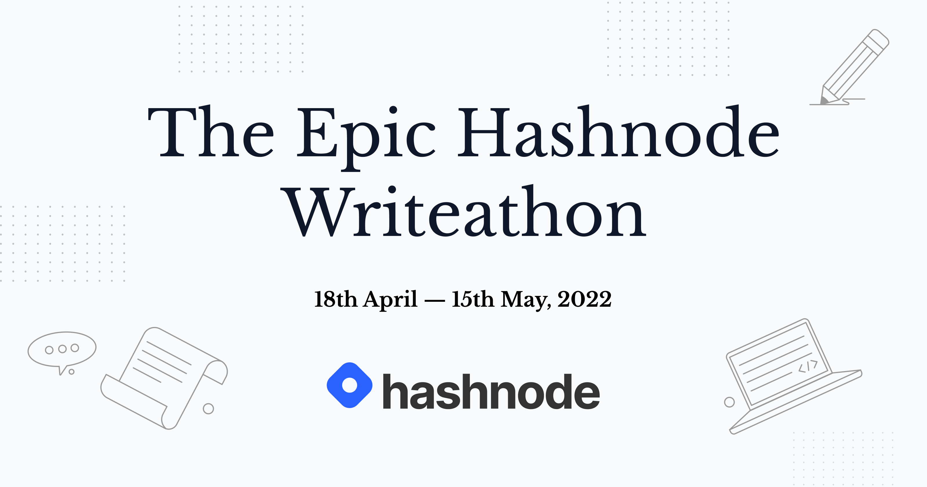 hashnode's tweet card. A writeathon to publish an article of your choice and win upto $3000. Featuring Quincy, Debbie, Hassan, Evan, Erika, and Bruno.