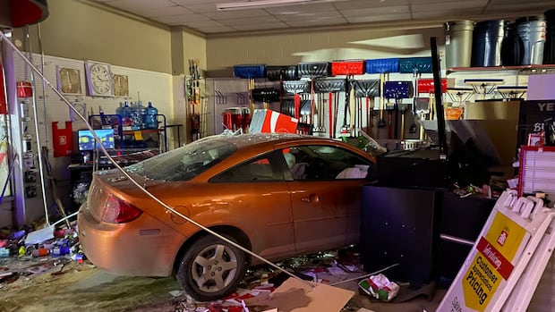 CBCbrief's tweet card. Around 1:30 AM Friday, a car swerved off Central Avenue in the Sutherland neighbourhood and blew through the front entrance of a Home Hardware store. By 8:00 a.m., the owner had the place ready to...