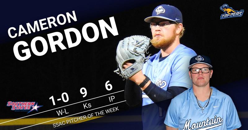 bmcsports's tweet card. MONTGOMERY, Ala. – The Southern States Athletic Conference announced today Blue Mountain Christian right-hander Cameron Gordon has been named the Pitcher of the Week.