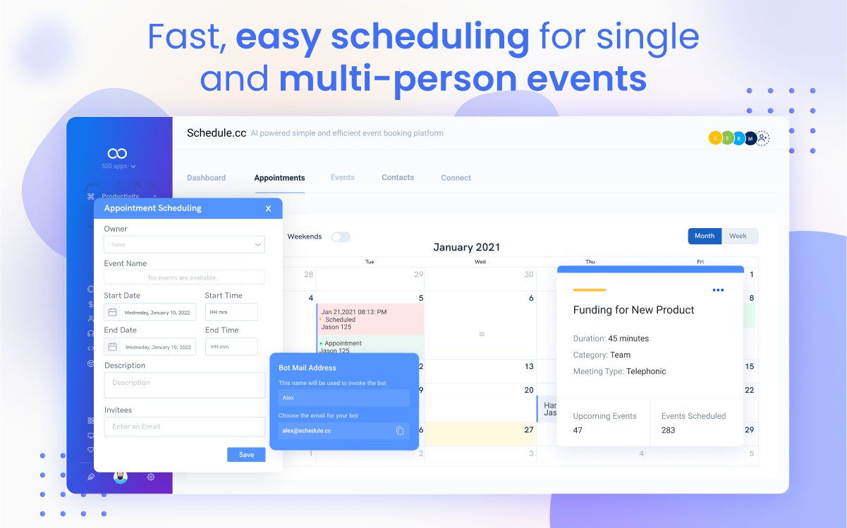 schedulecc's tweet card. Appointment Scheduling, Schedule.cc by 500apps helps organize and automate your appointments, events, etc. Get access to 50 apps for $14.99 per user.