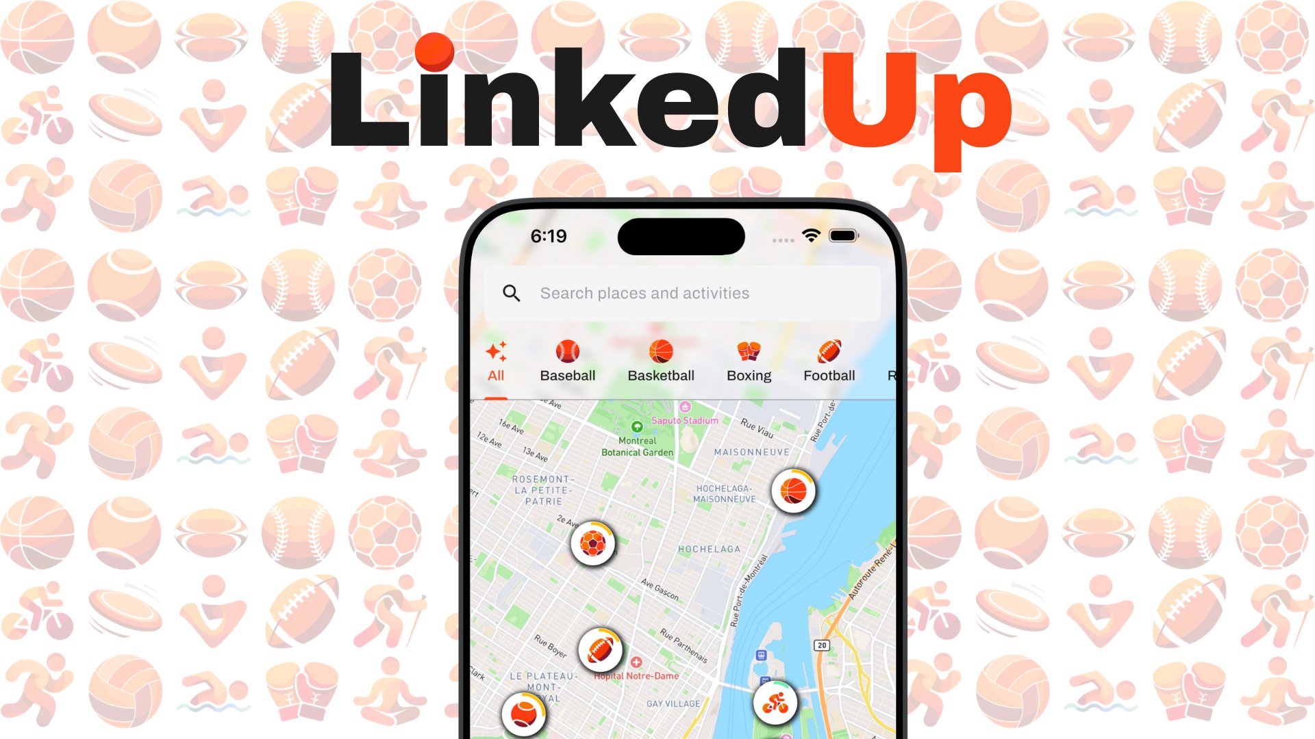 linkedup_app's tweet card. LinkedUp connects you to nearby pickup games, sports, and activities so you can stop waiting and start moving