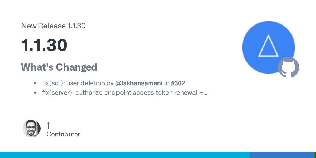 lakhansamani's tweet card. What's Changed fix(sql): user deletion by @lakhansamani in #302 fix(server): authorize endpoint access_token renewal + web_message redirect Full Changelog: 1.1.29...1.1.30