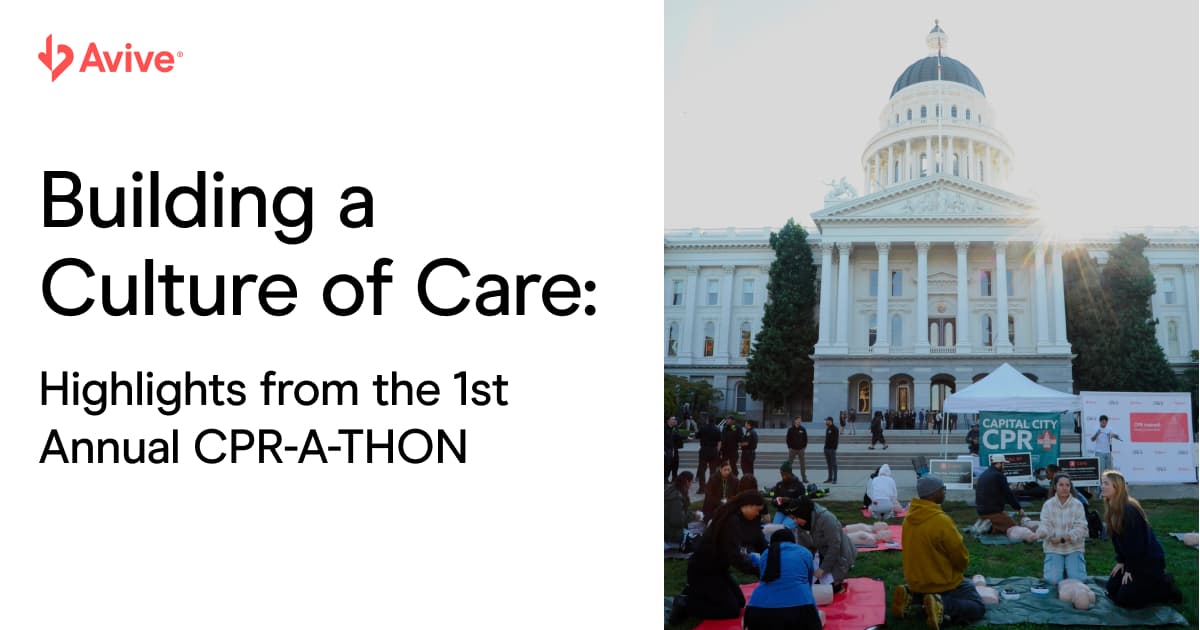 AviveSolutions's tweet card. Avive Solutions & Capital City CPR hosted Sacramento’s first CPR-A-THON at the State Capitol—12 hours of free CPR, AED, and Narcan training for the community.