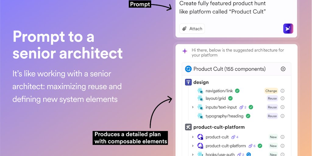JoshKuttler's tweet card. Build maintainable, production-grade applications. Control generation at component-level with prompts and design sketches. Compose with design system and reusable components. Deploy instantly....