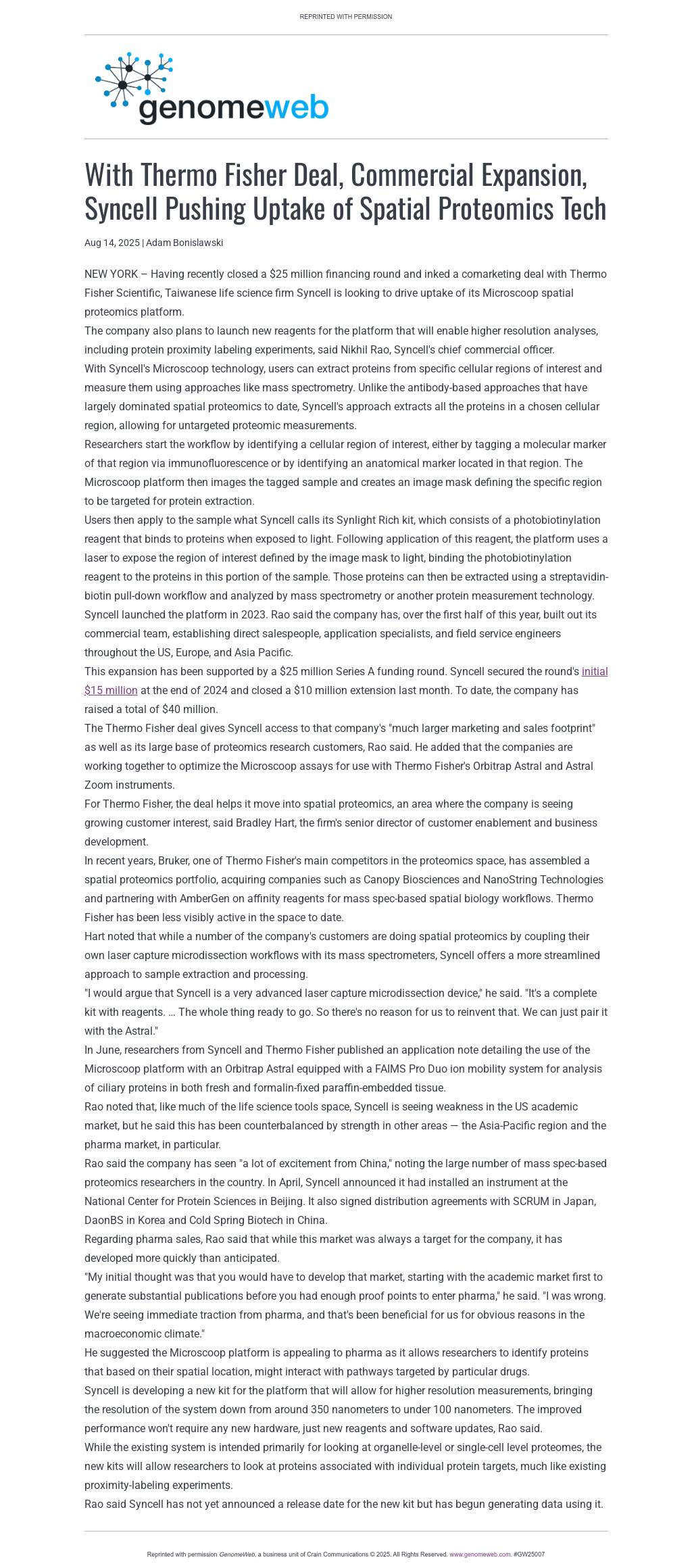 SyncellInc's tweet card. Reprint-GW25007Syncell | GenomeWeb
