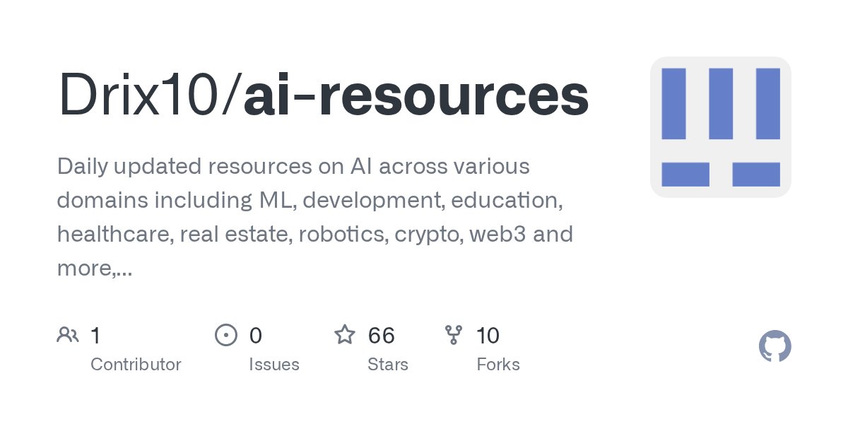 ai_scrapper's tweet card. Daily updated resources on AI across various domains including ML, development, education, healthcare, real estate, robotics, crypto, web3 and more, curated by enthusiasts. - Drix10/ai-resources