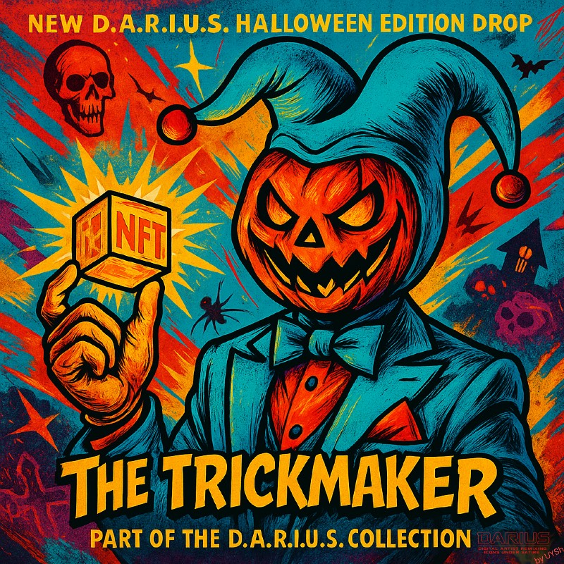 Rabensturm's tweet card. Vex Camden, a.k.a. The Trickmaker, laughs in neon chaos — a pumpkin-headed jester in a Darius-turquoise tuxedo, juggling fame like fire. His glowing N...