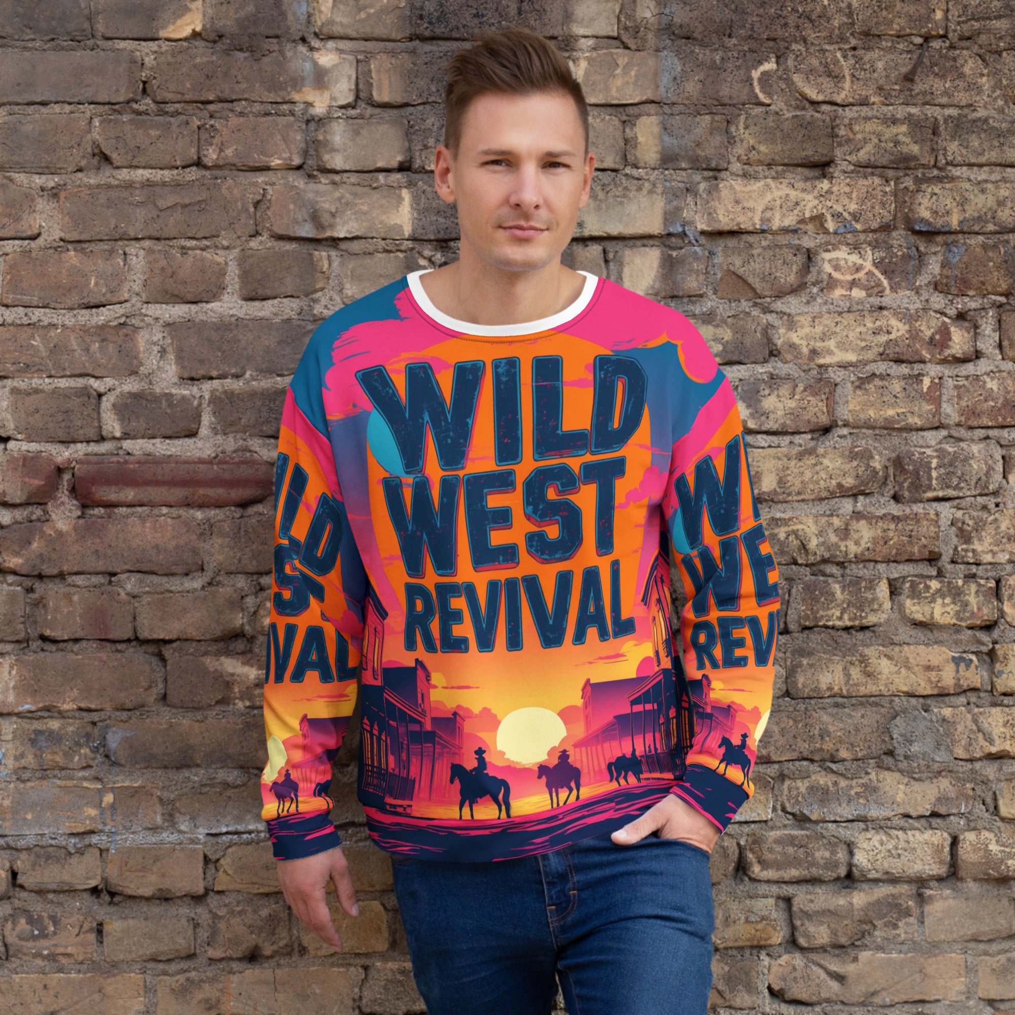designdelight25's tweet card. Saddle up in style with the 'Wild West Revival' recycled unisex sweatshirt. Featuring an electrifying sunset print over a vintage cowboy town scene, this all-over design is printed on 96% GRS-certi...