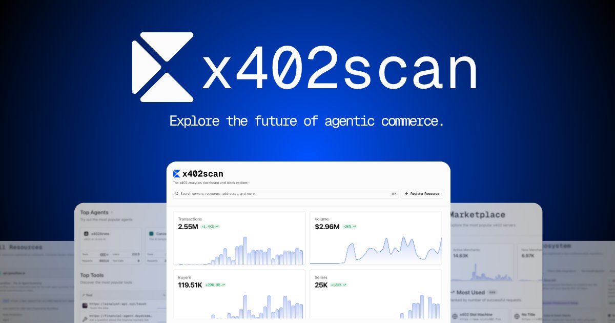 Reconlab_AI's tweet card. Explore the x402 ecosystem. View transactions, sellers, origins and resources. Explore the future of agentic commerce.