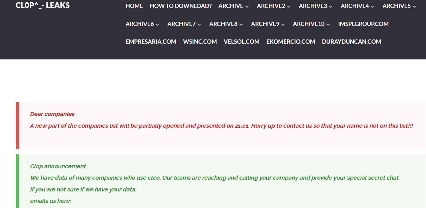 OpenSpringES's tweet card. The Clop ransomware gang claims dozens of victims from a Cleo file transfer vulnerability, though several companies dispute the breaches.