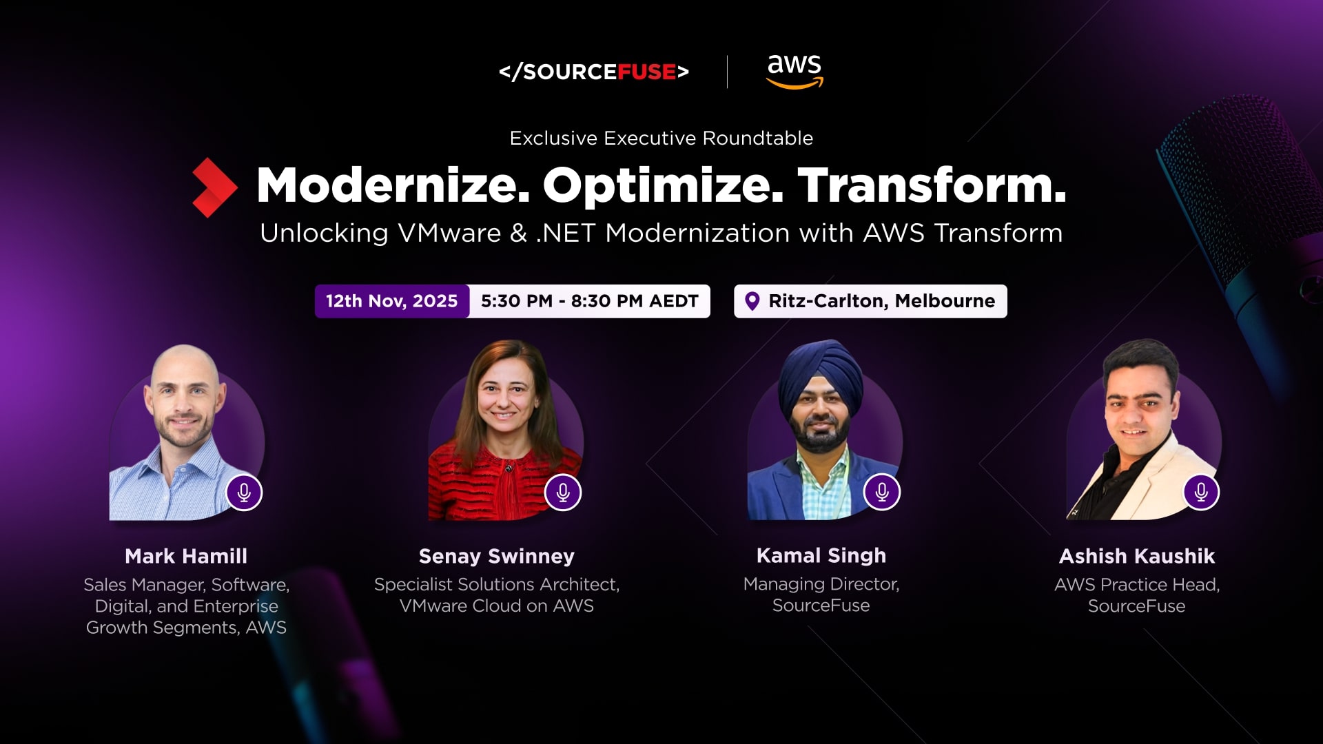 SourceFuse's tweet card. Discover how AWS Transform and Agentic AI accelerate VMware & .NET modernization. Join the CXO Roundtable in Melbourne on Nov 12, 2025.