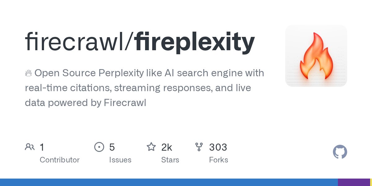 ManuAGI01's tweet card. 🔥 Open Source Perplexity like AI search engine with real-time citations, streaming responses, and live data powered by Firecrawl - GitHub - firecrawl/fireplexity: 🔥 Open Source Perplexity like AI...